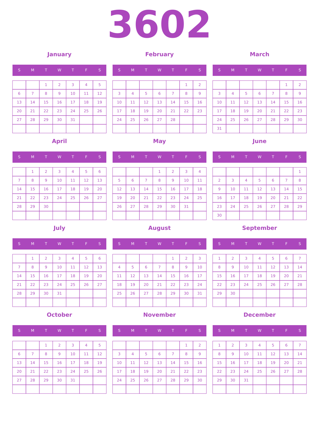 Printable 3602 Calendars