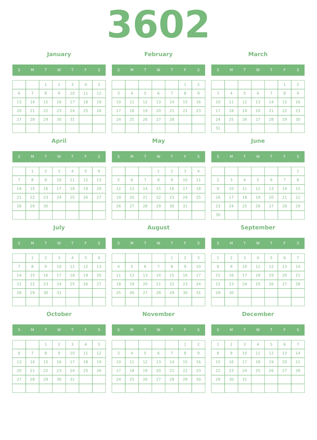 Printable 3602 Year Calendars celadon
