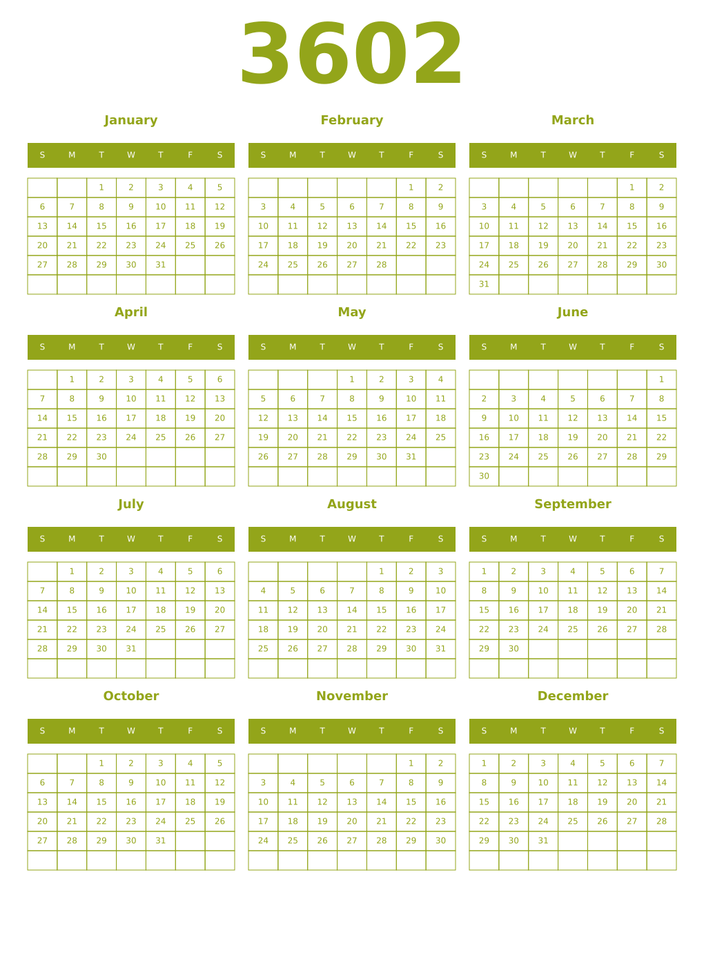Printable 3602 Year Calendars chartreuse