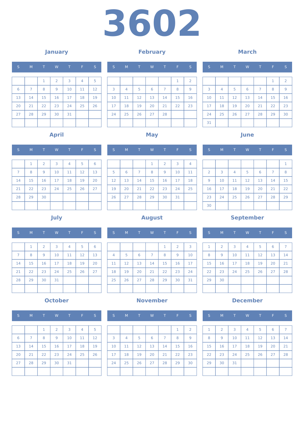 Printable 3602 Year Calendars glaucous