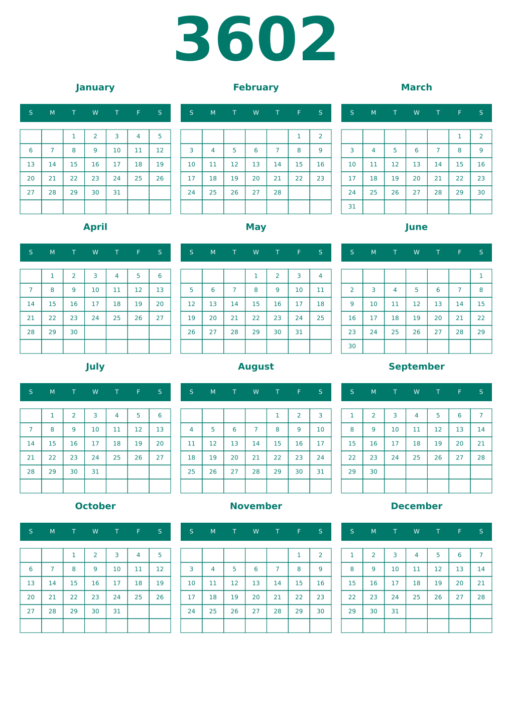 Printable 3602 Year Calendars pastel