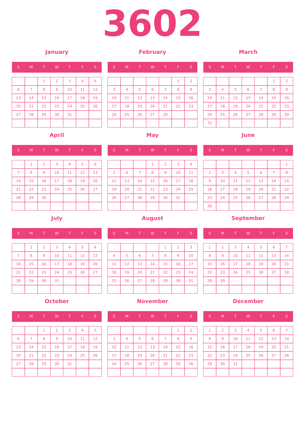 Printable 3602 Year Calendars pink