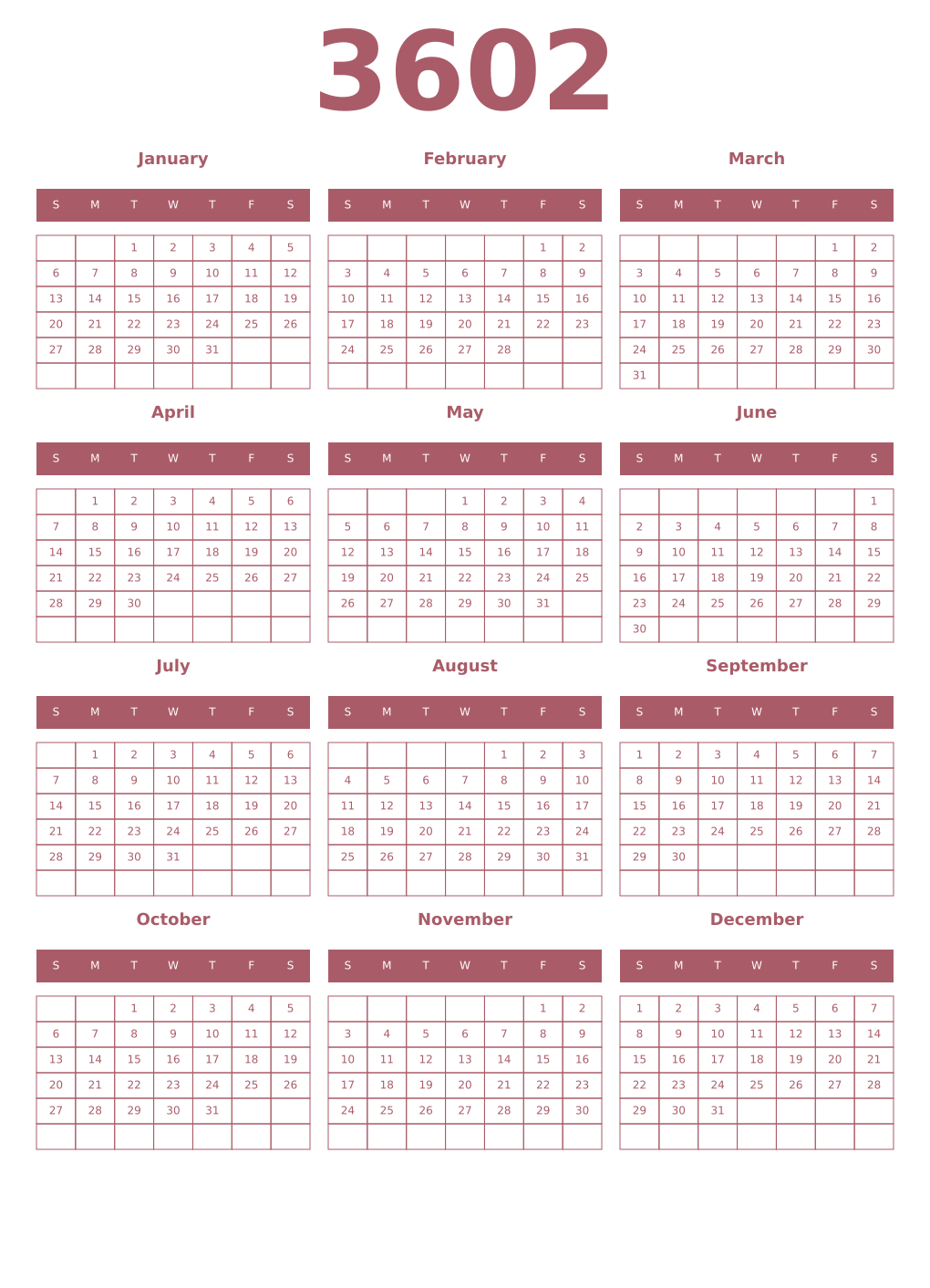 Printable 3602 Year Calendars puce
