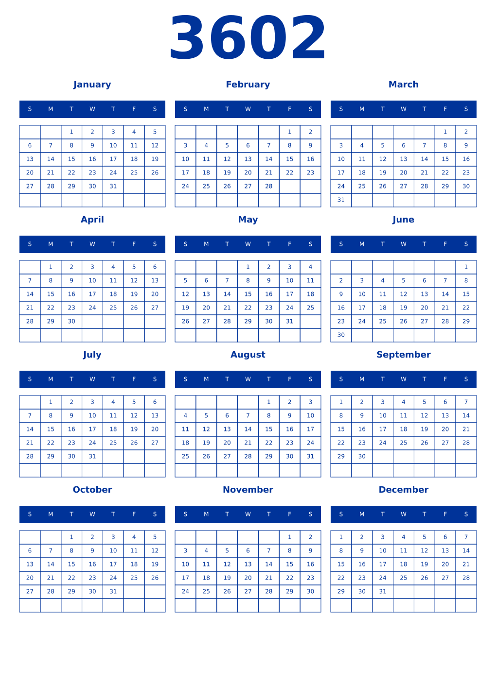 Printable 3602 Year Calendars smalt