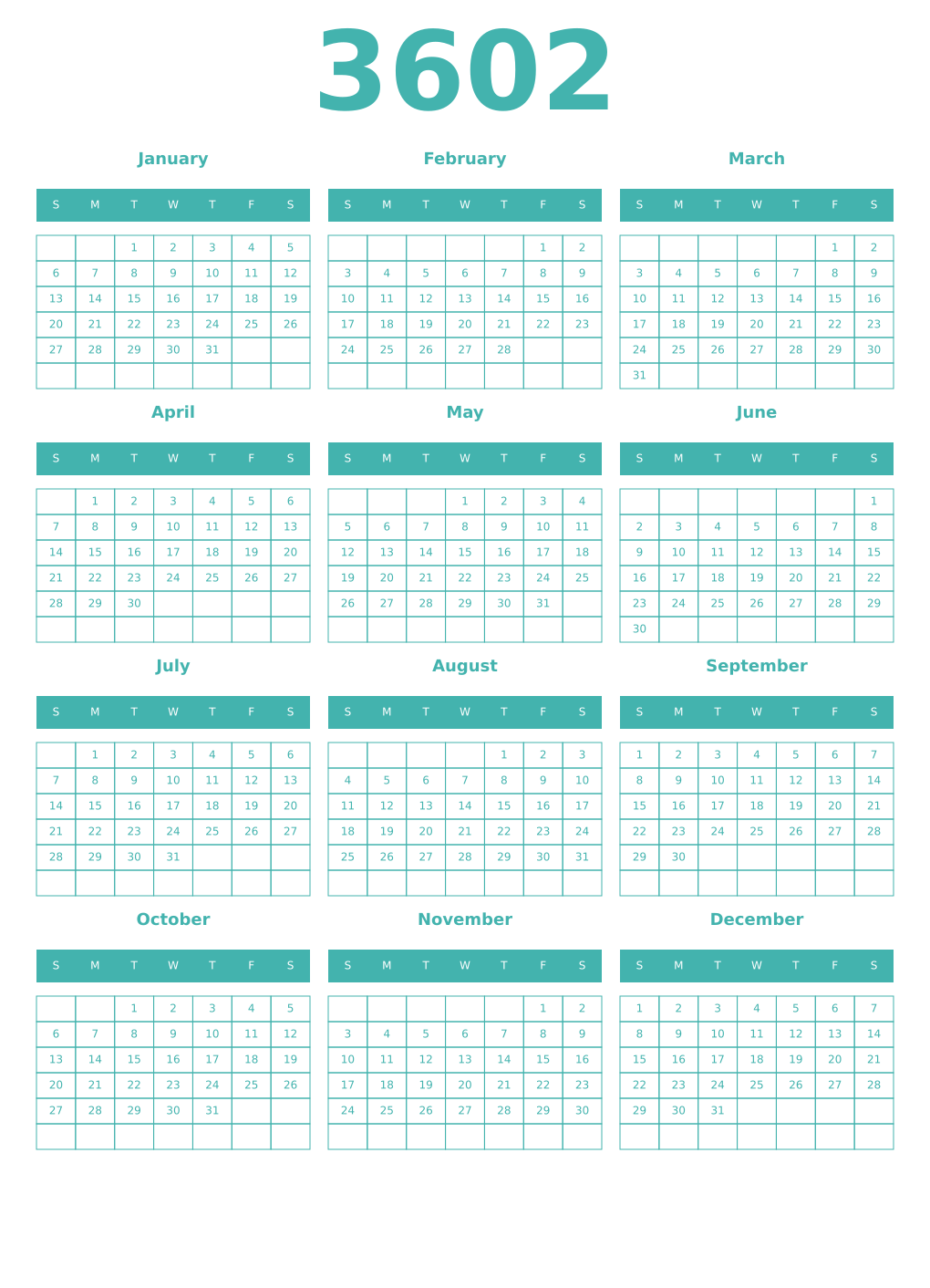 Printable 3602 Year Calendars verdigris