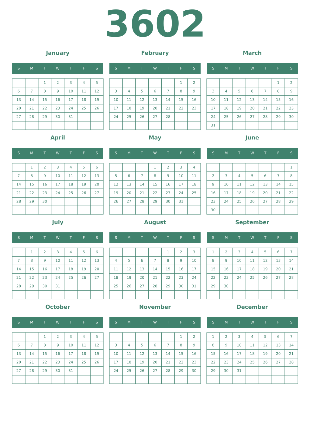 Printable 3602 Year Calendars viridian