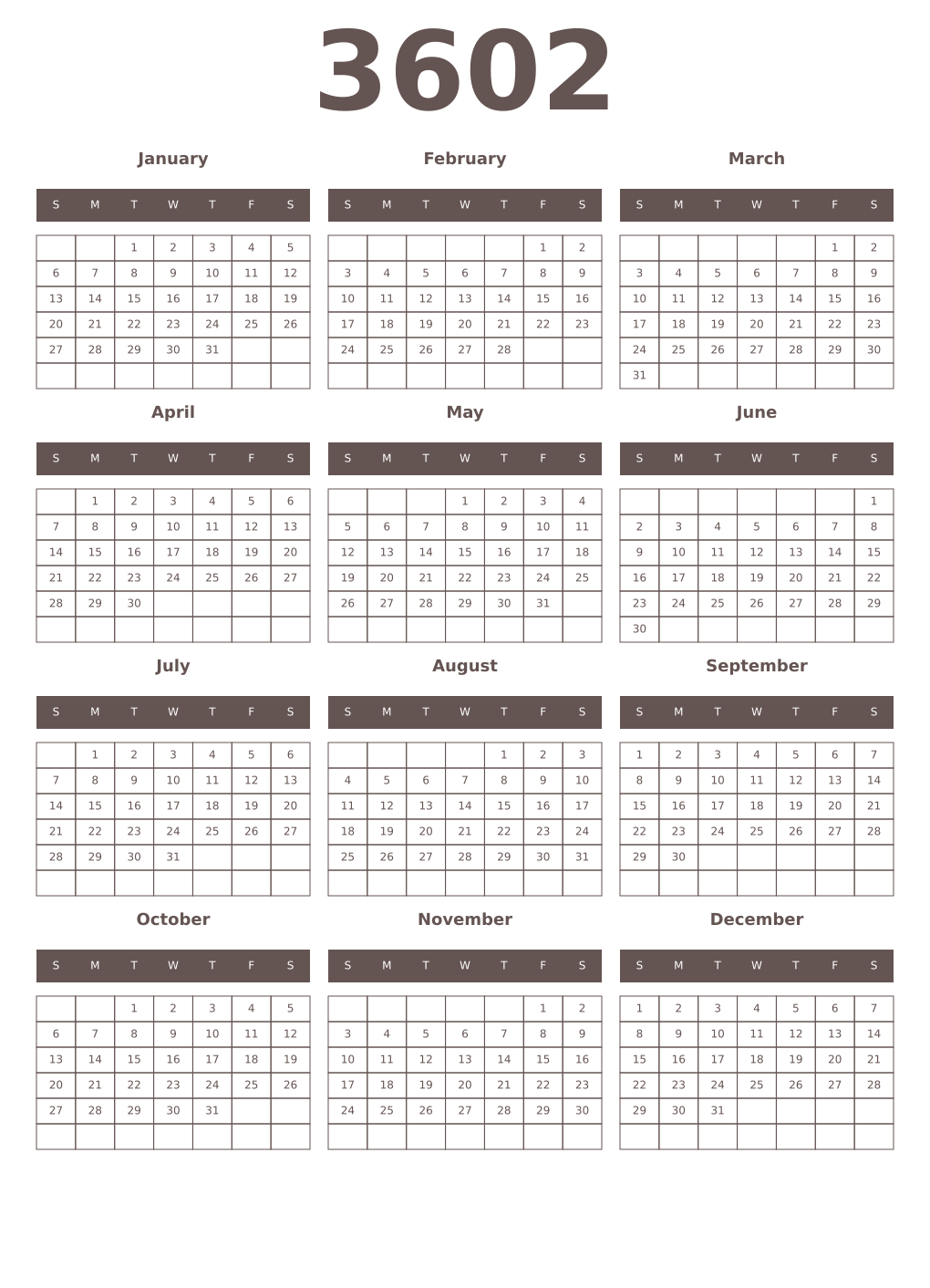 Printable 3602 Year Calendars wenge