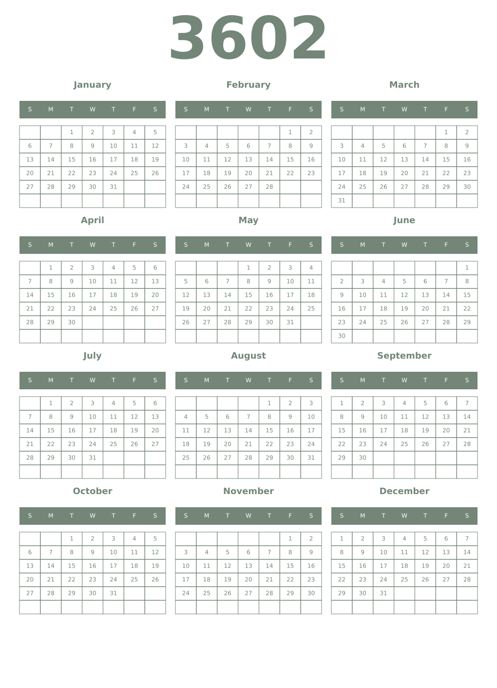 Printable 3602 Year Calendars xanadu