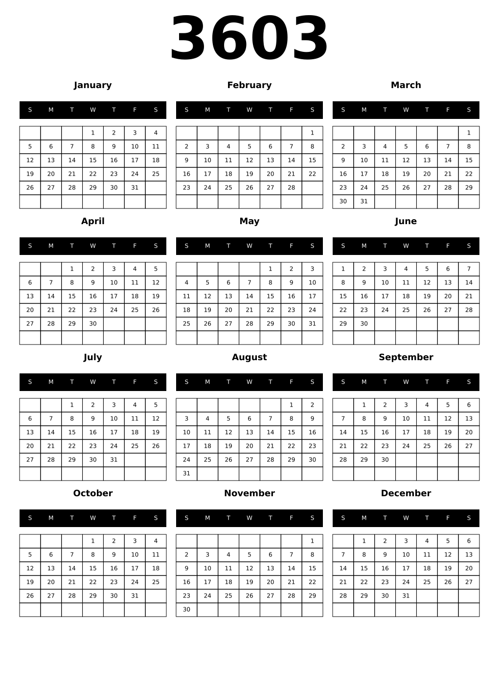 Printable 3603 Year Calendars black