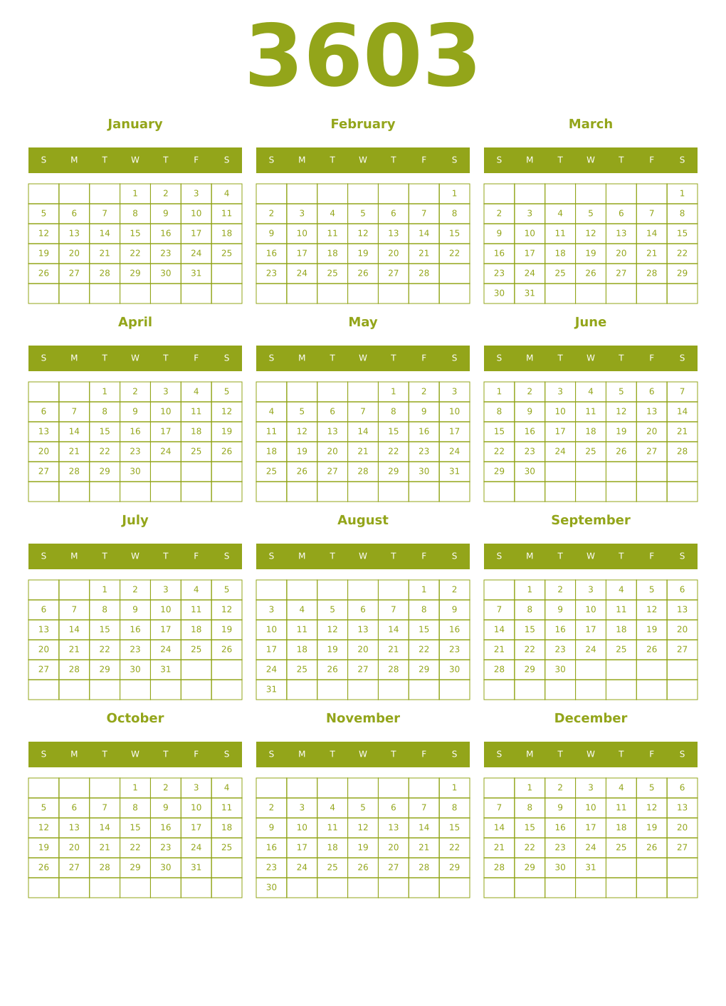 Printable 3603 Year Calendars chartreuse