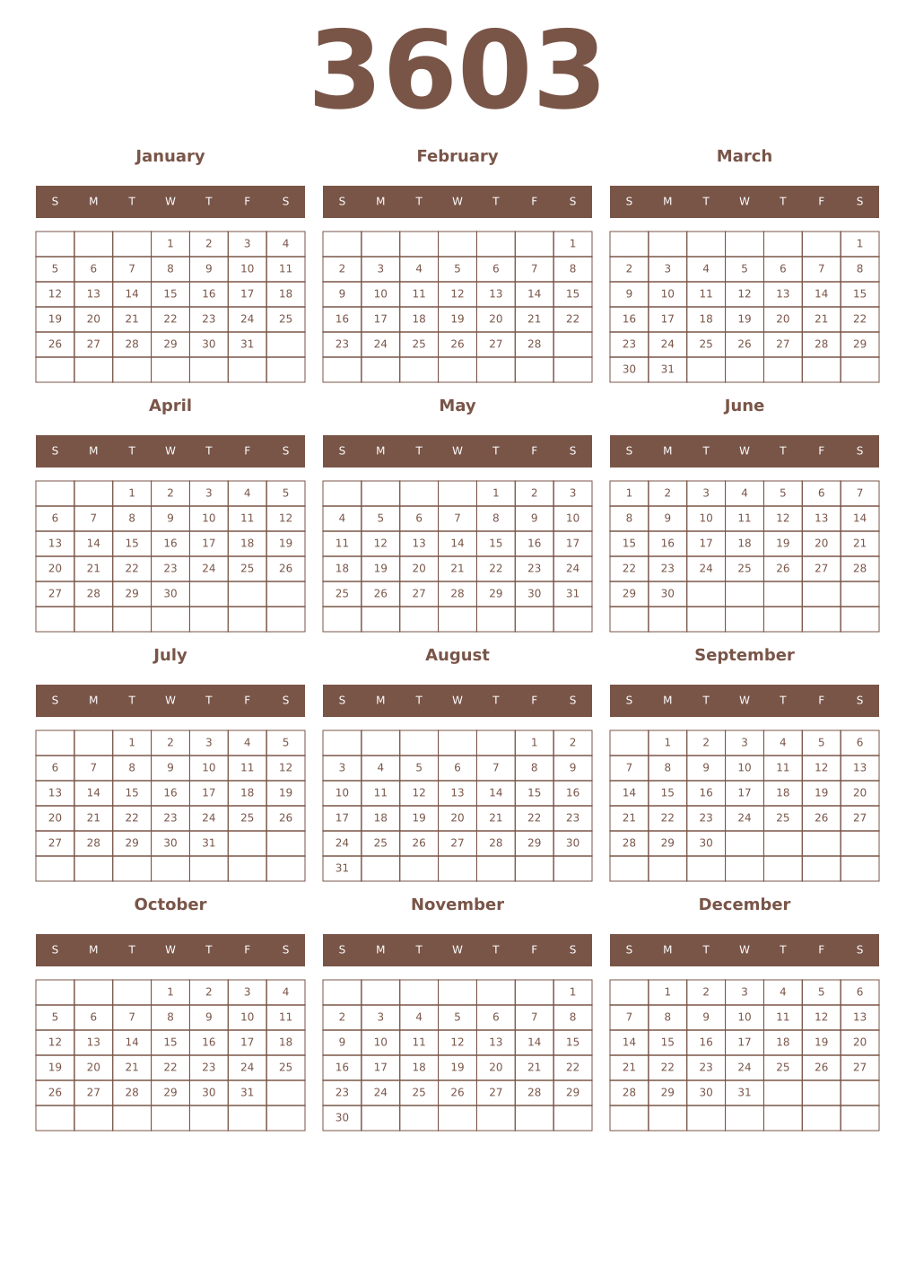 Printable 3603 Year Calendars coffe