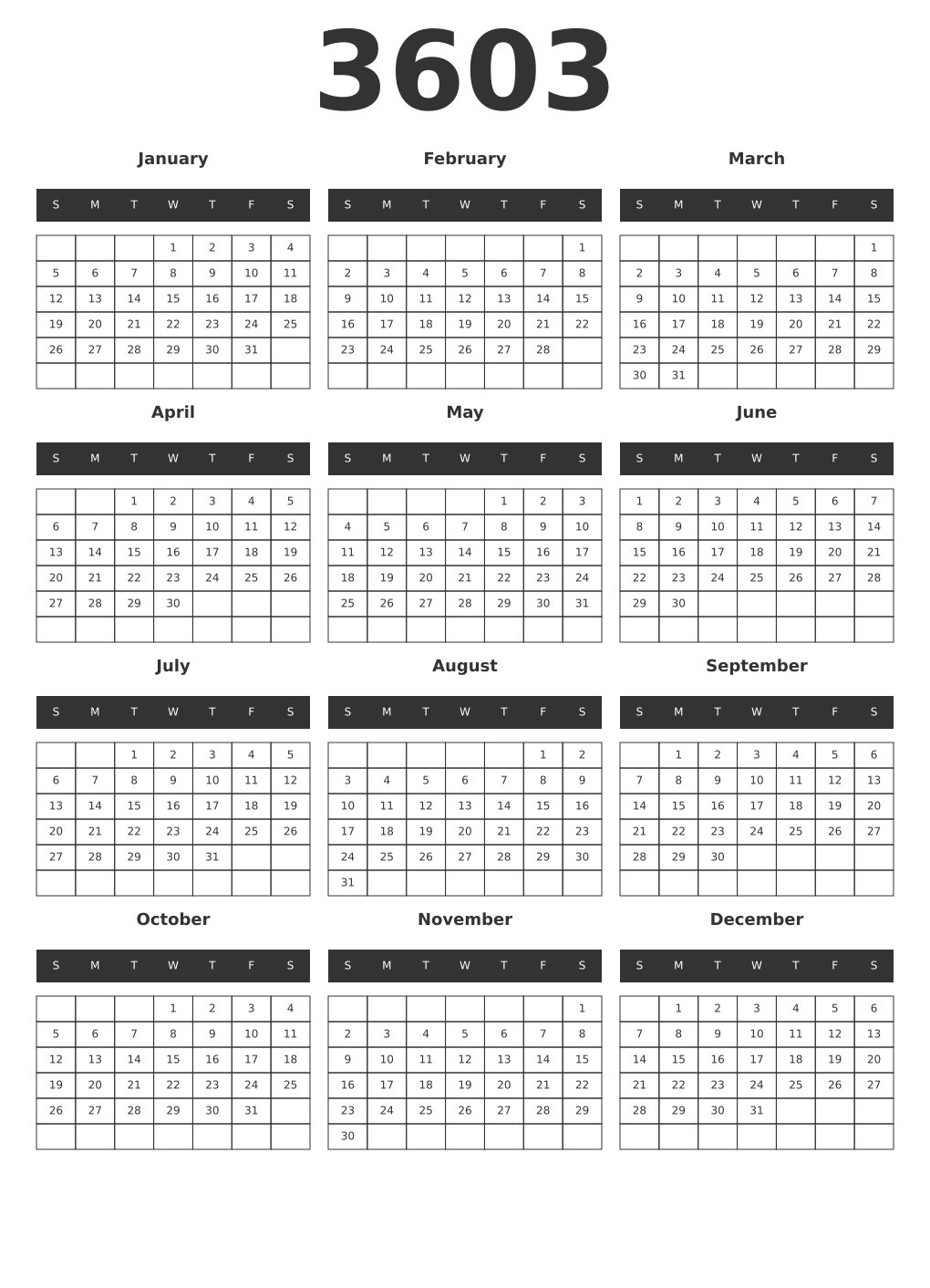 Printable 3603 Year Calendars dark