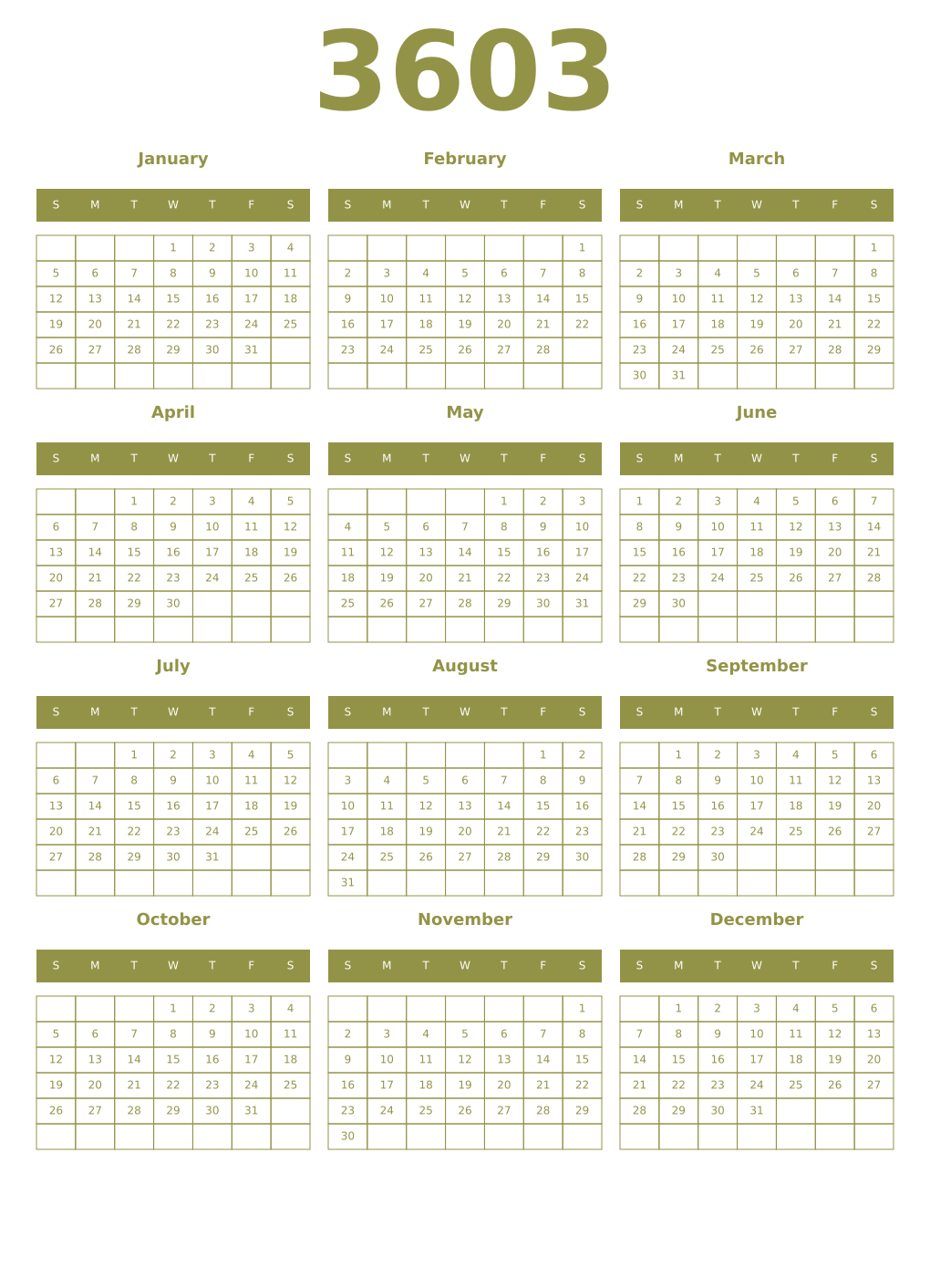 Printable 3603 Year Calendars eburnean