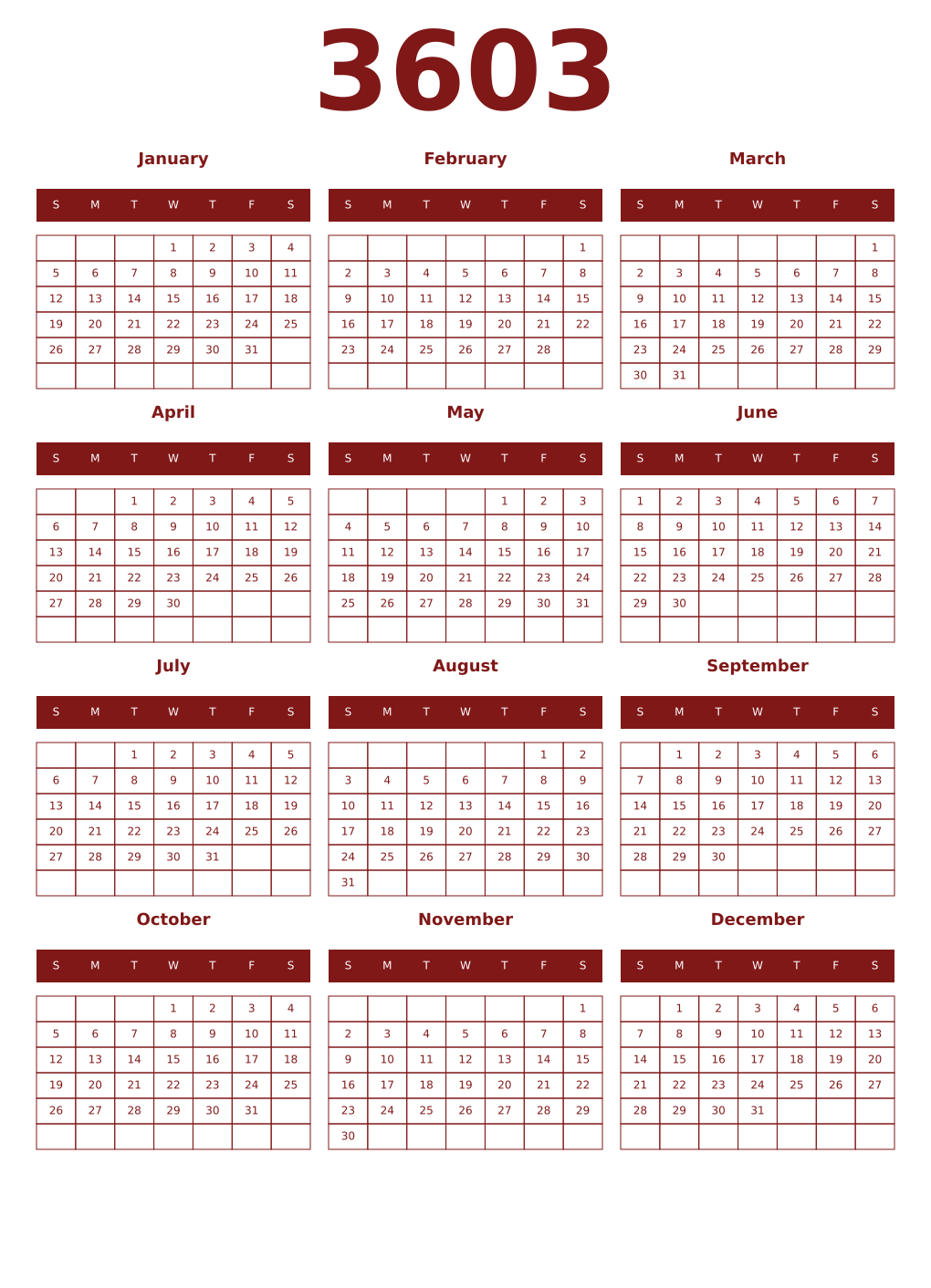 Printable 3603 Year Calendars falu