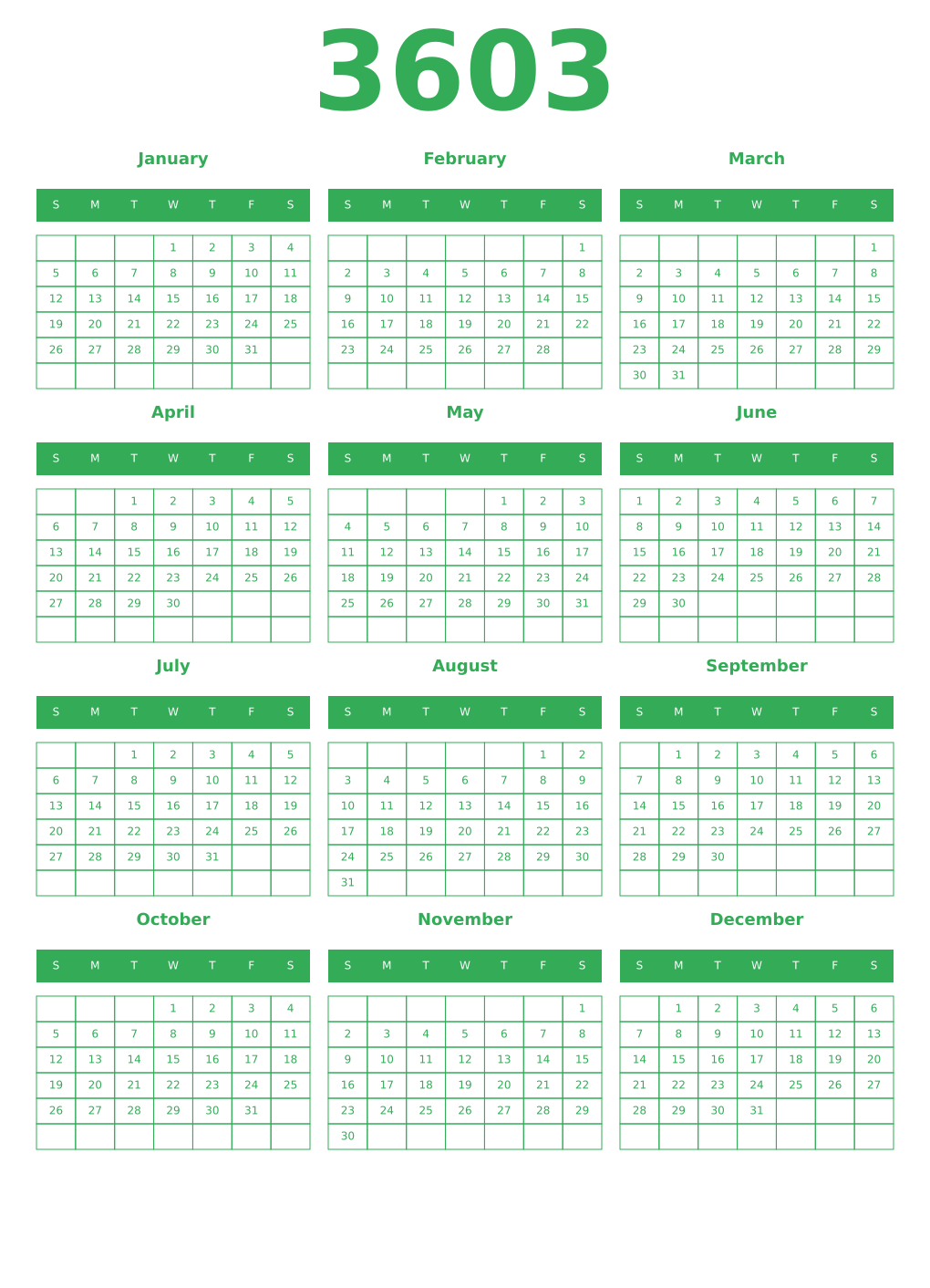 Printable 3603 Year Calendars green