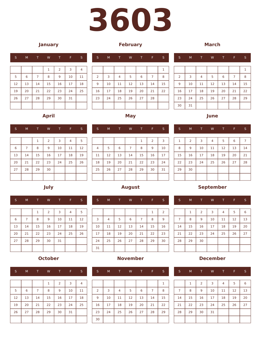 Printable 3603 Year Calendars mortuum