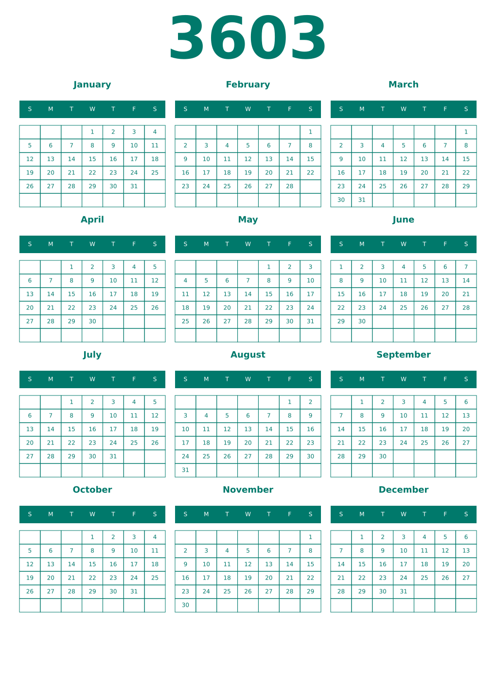 Printable 3603 Year Calendars pastel