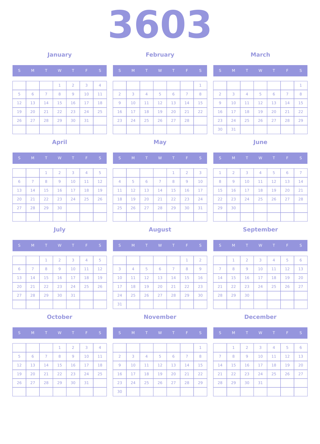 Printable 3603 Year Calendars periwinkle