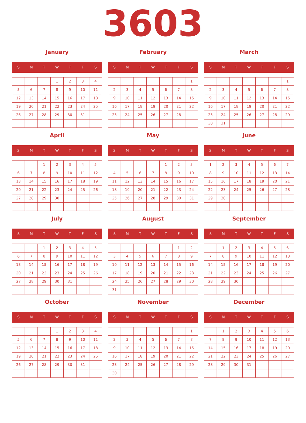 Printable 3603 Year Calendars red