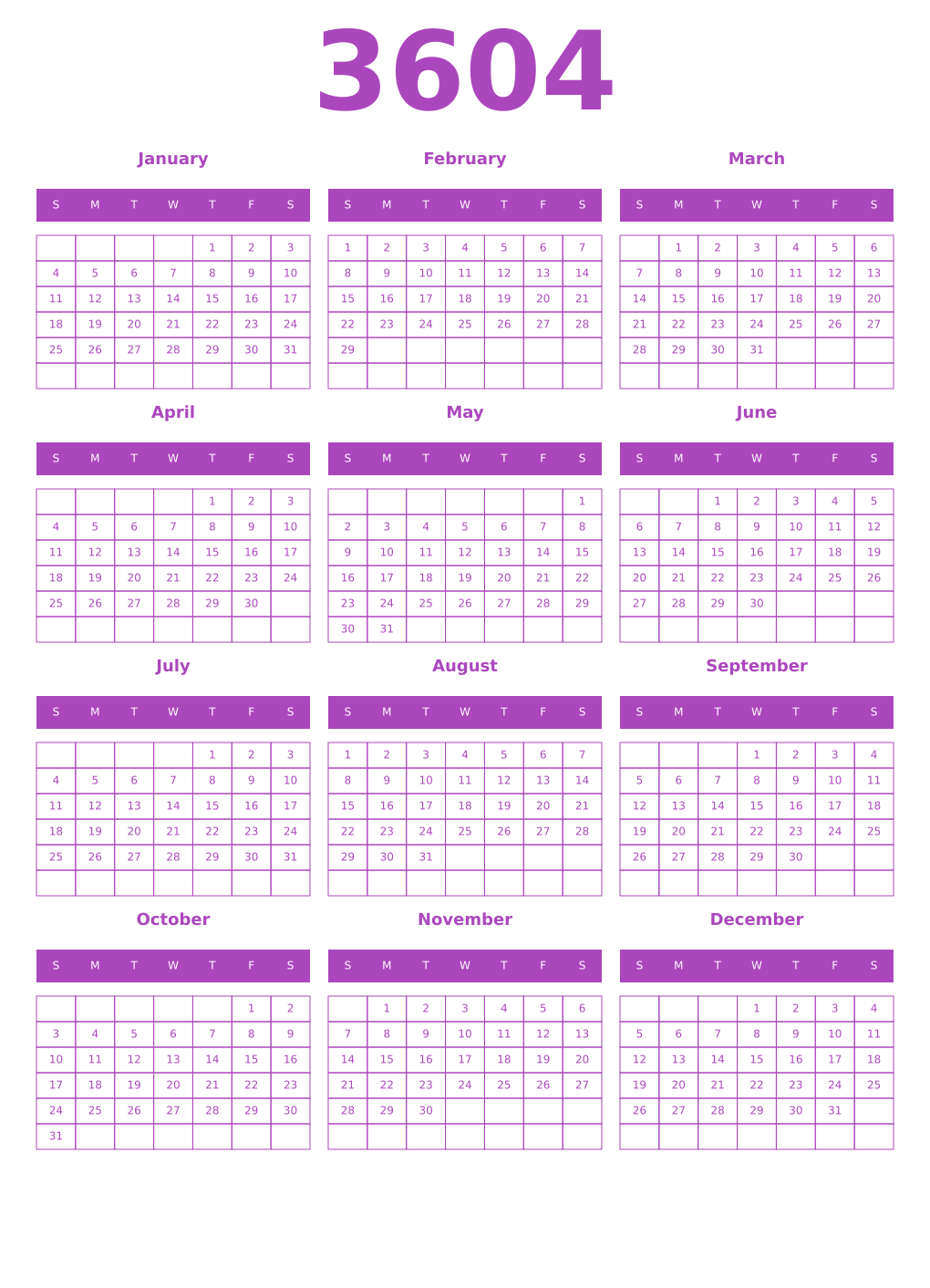Printable 3604 Calendars