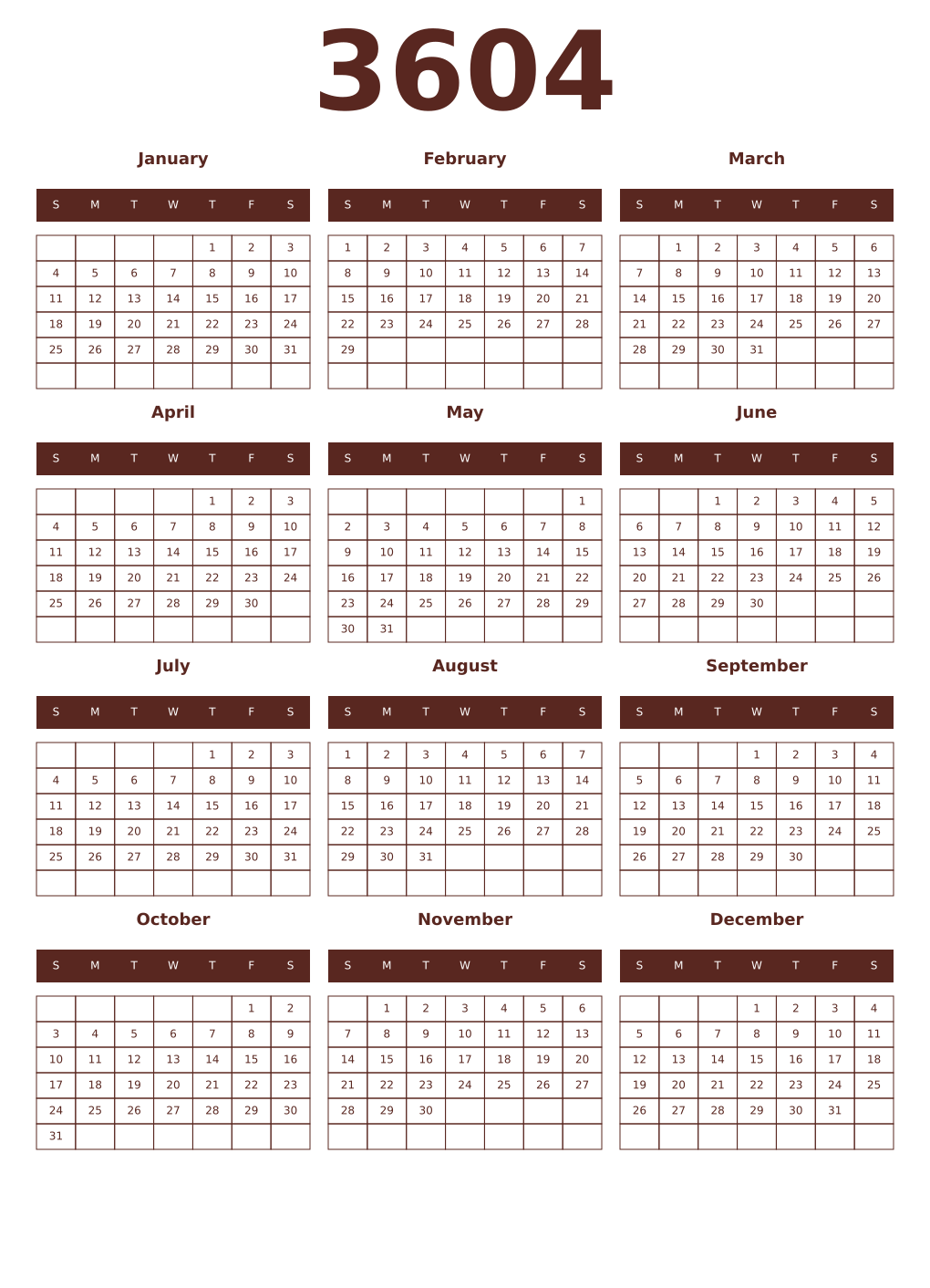 Printable 3604 Year Calendars mortuum