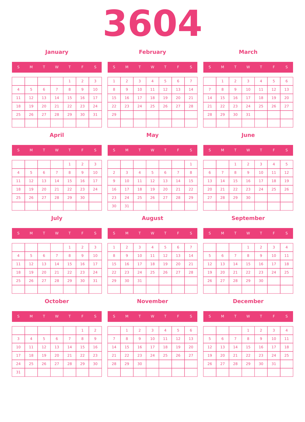 Printable 3604 Year Calendars pink