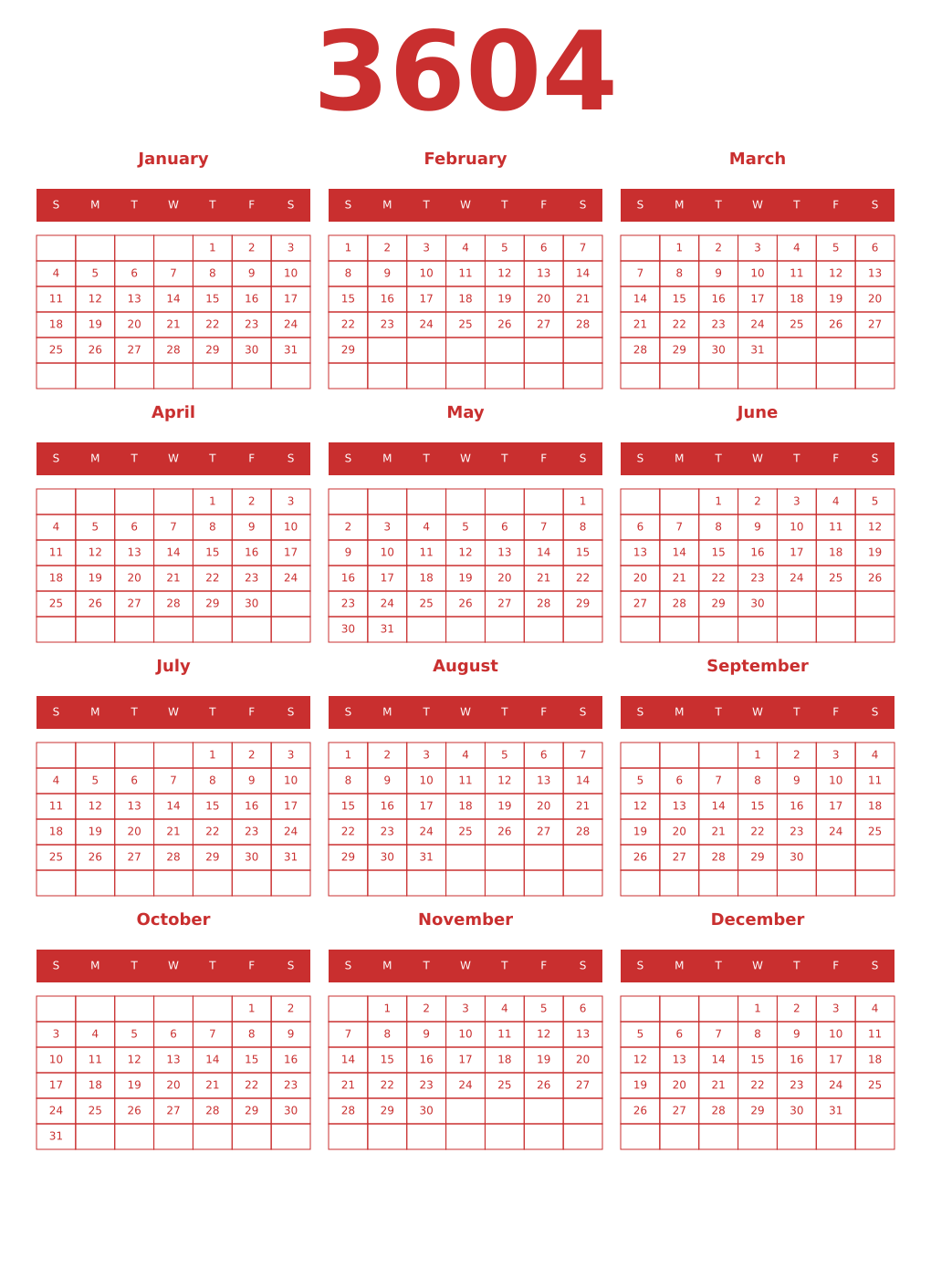 Printable 3604 Year Calendars red