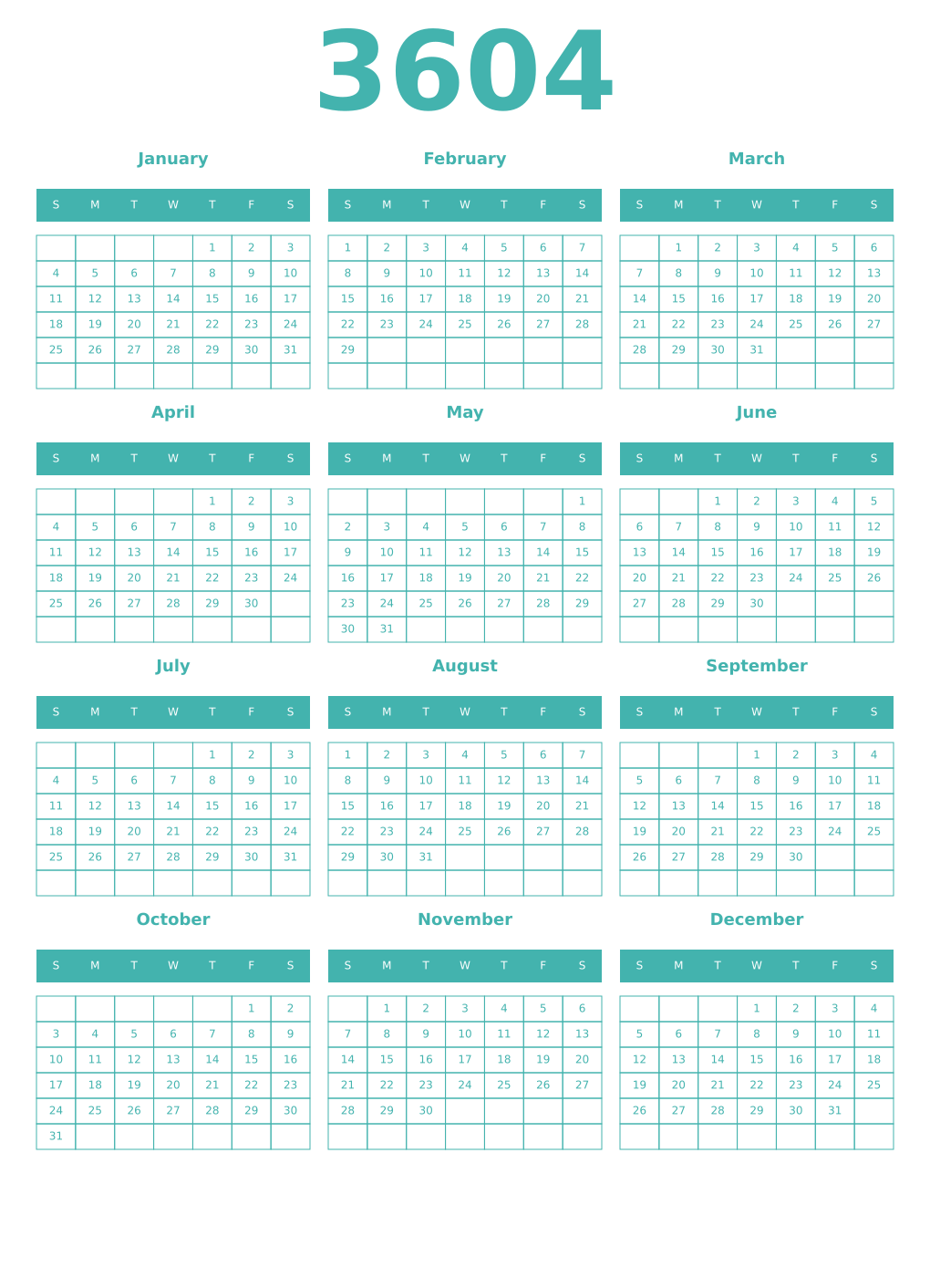Printable 3604 Year Calendars verdigris