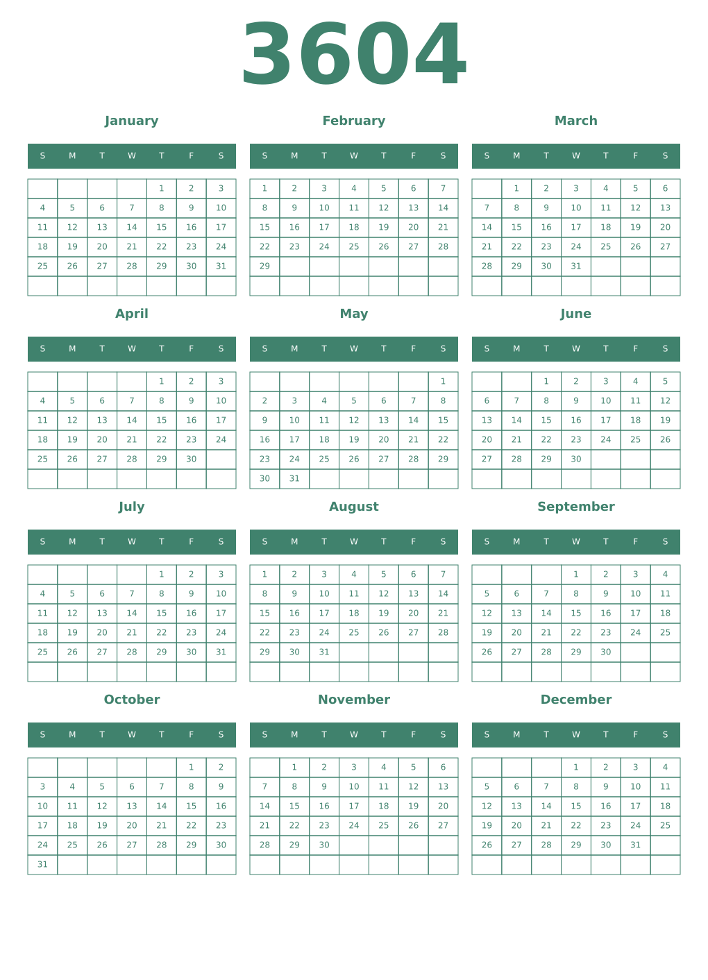 Printable 3604 Year Calendars viridian