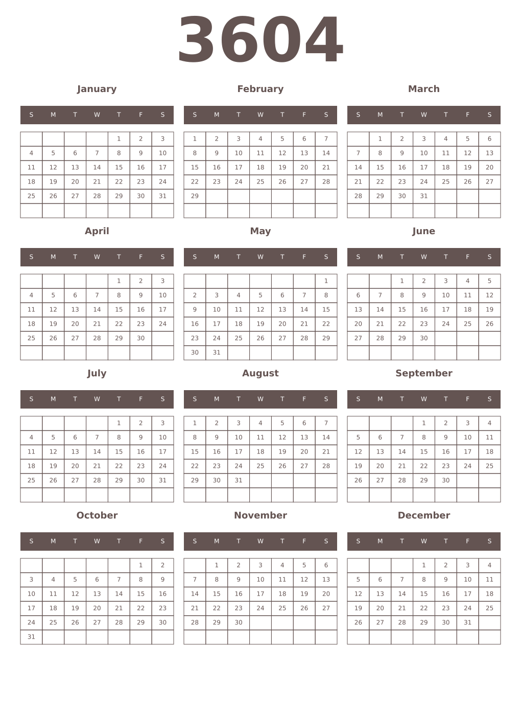 Printable 3604 Year Calendars wenge