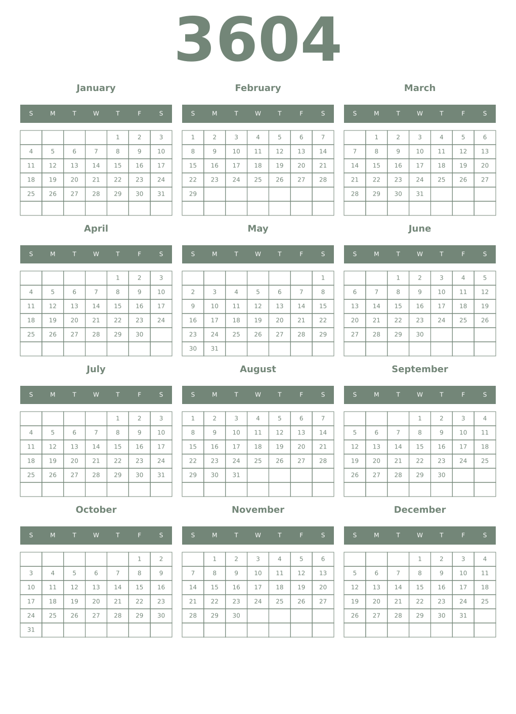 Printable 3604 Year Calendars xanadu