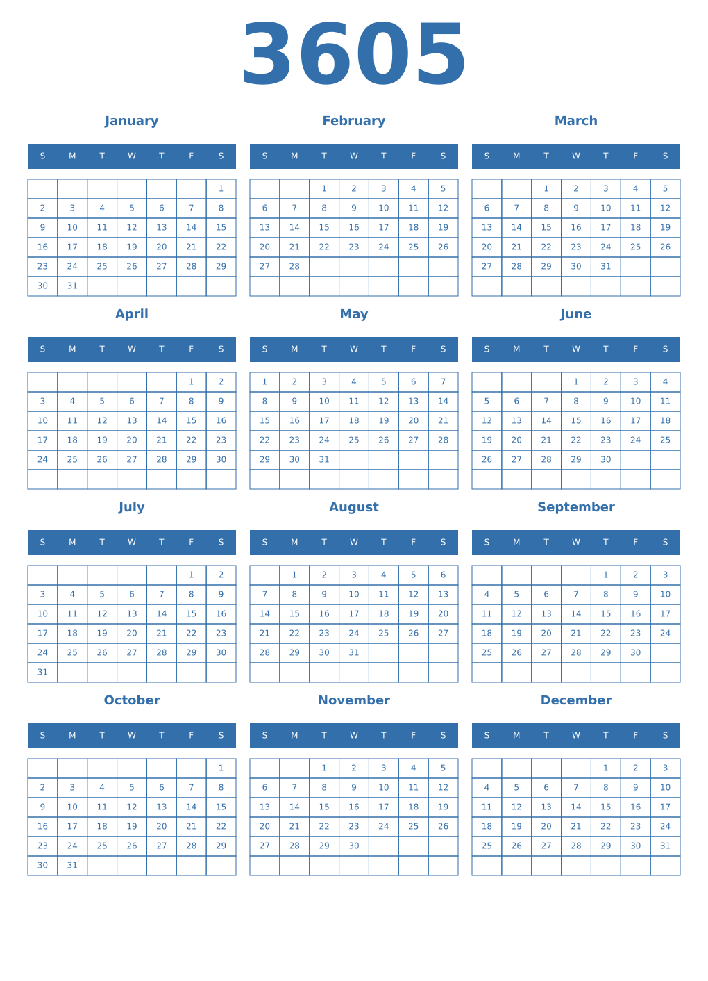 Printable 3605 Year Calendars blue