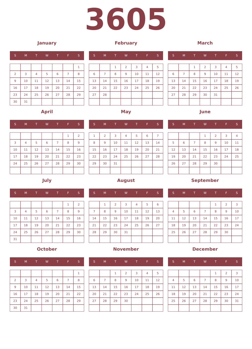 Printable 3605 Year Calendars cordovan