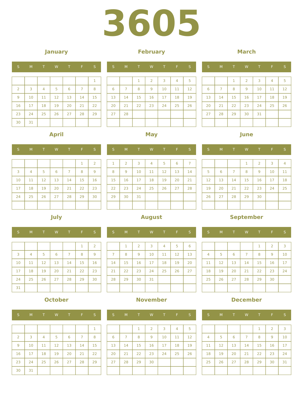Printable 3605 Year Calendars eburnean