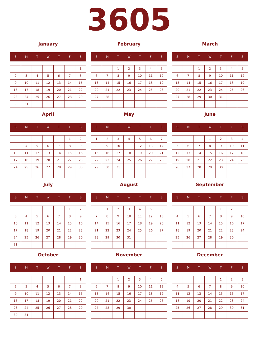 Printable 3605 Year Calendars falu