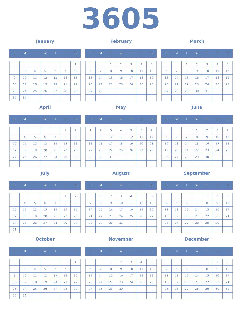Printable 3605 Year Calendars glaucous