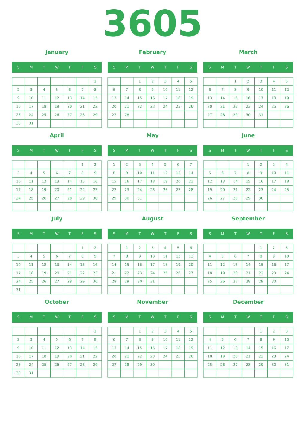 Printable 3605 Year Calendars green