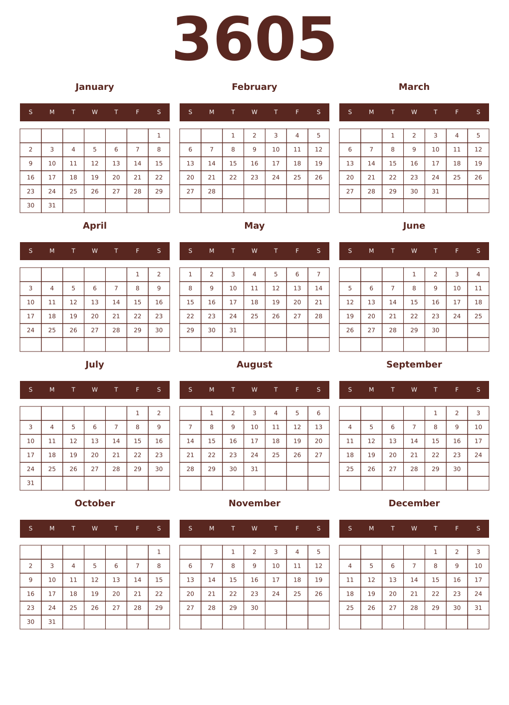 Printable 3605 Year Calendars mortuum