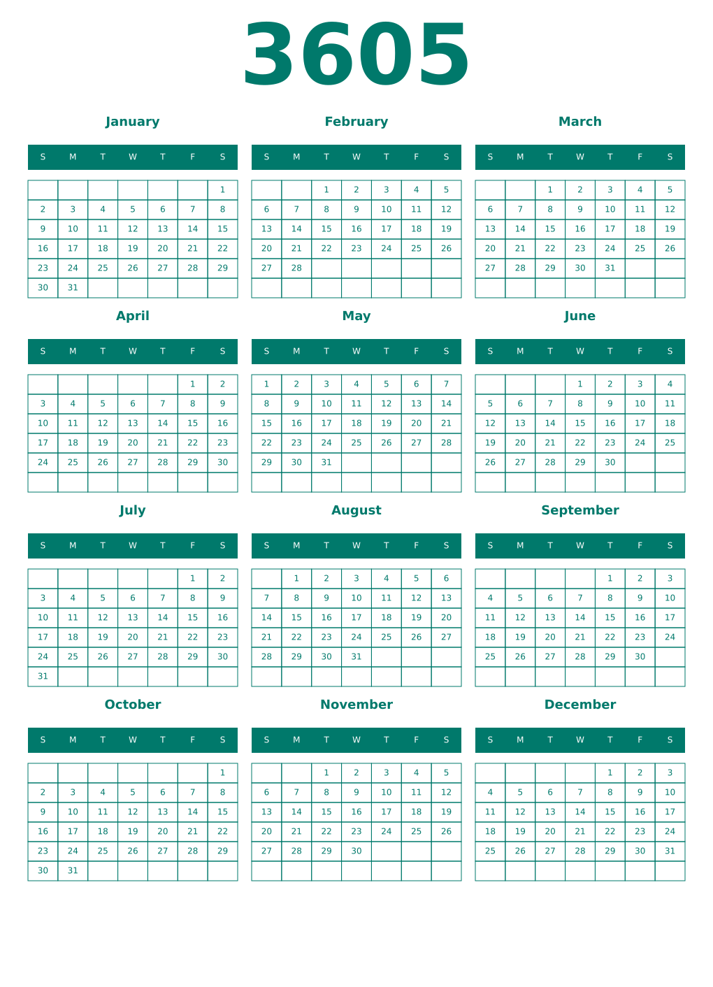 Printable 3605 Year Calendars pastel