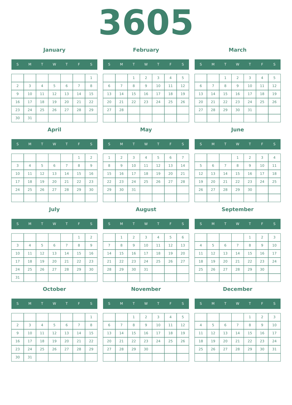 Printable 3605 Year Calendars viridian