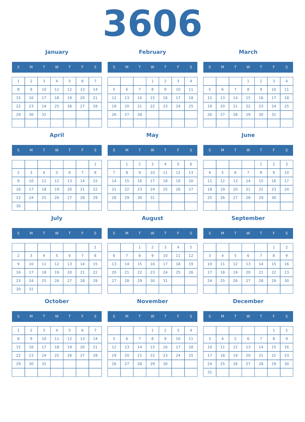 Printable 3606 Year Calendars blue