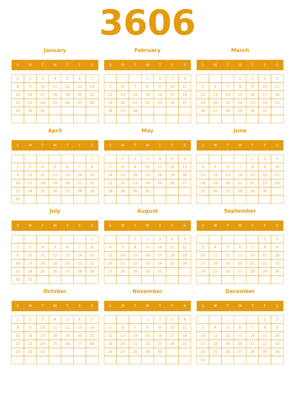Printable 3606 Year Calendars gamboge