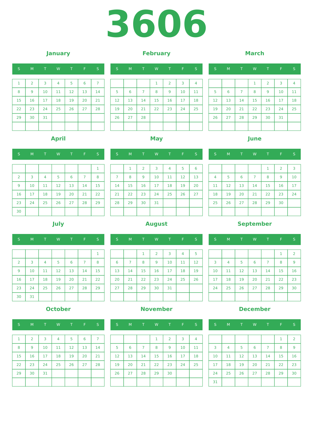 Printable 3606 Year Calendars green