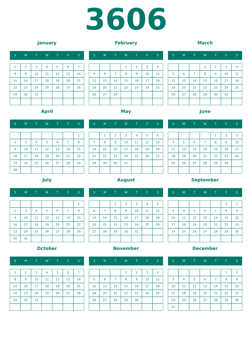 Printable 3606 Year Calendars pastel
