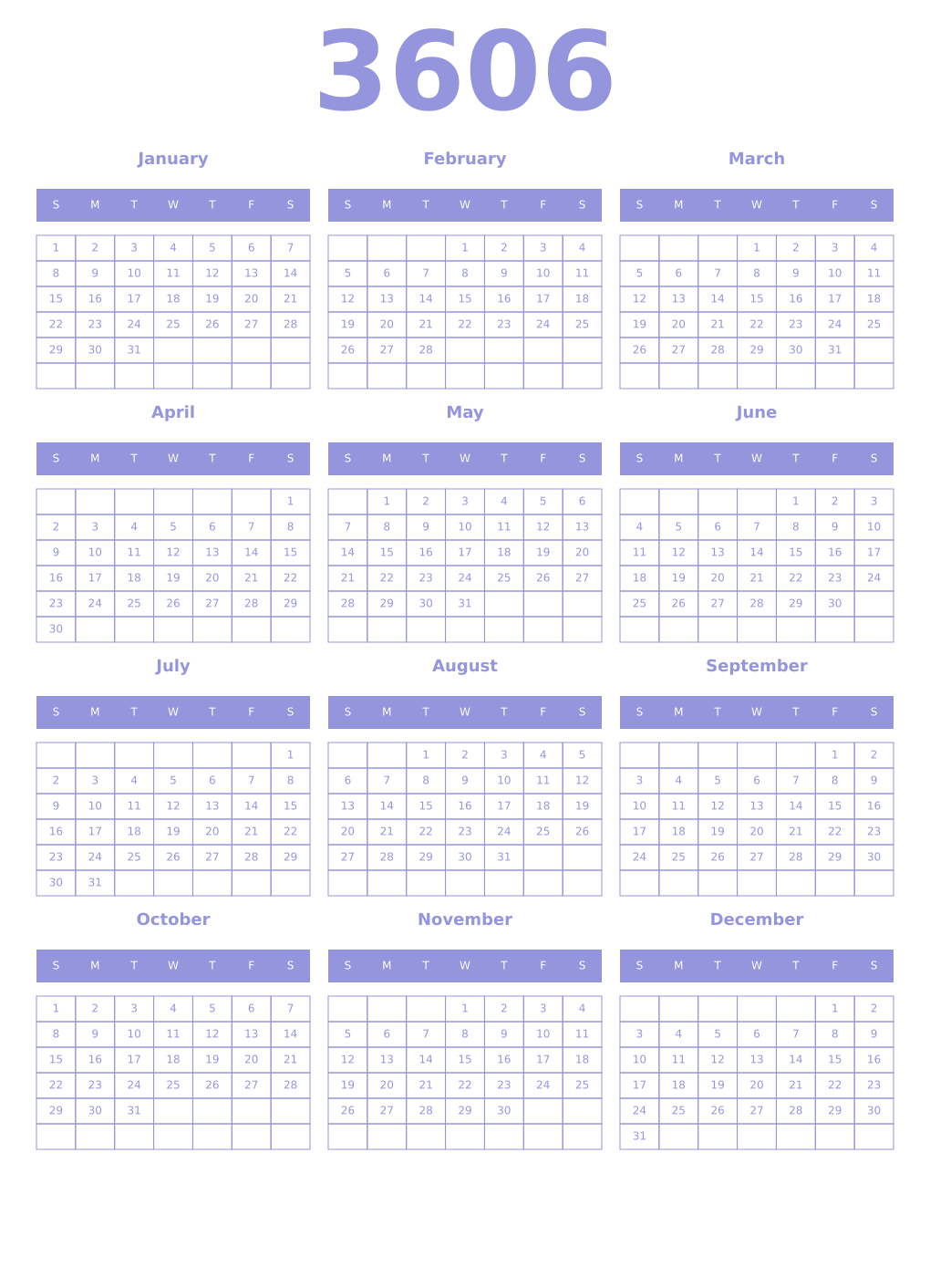 Printable 3606 Year Calendars periwinkle