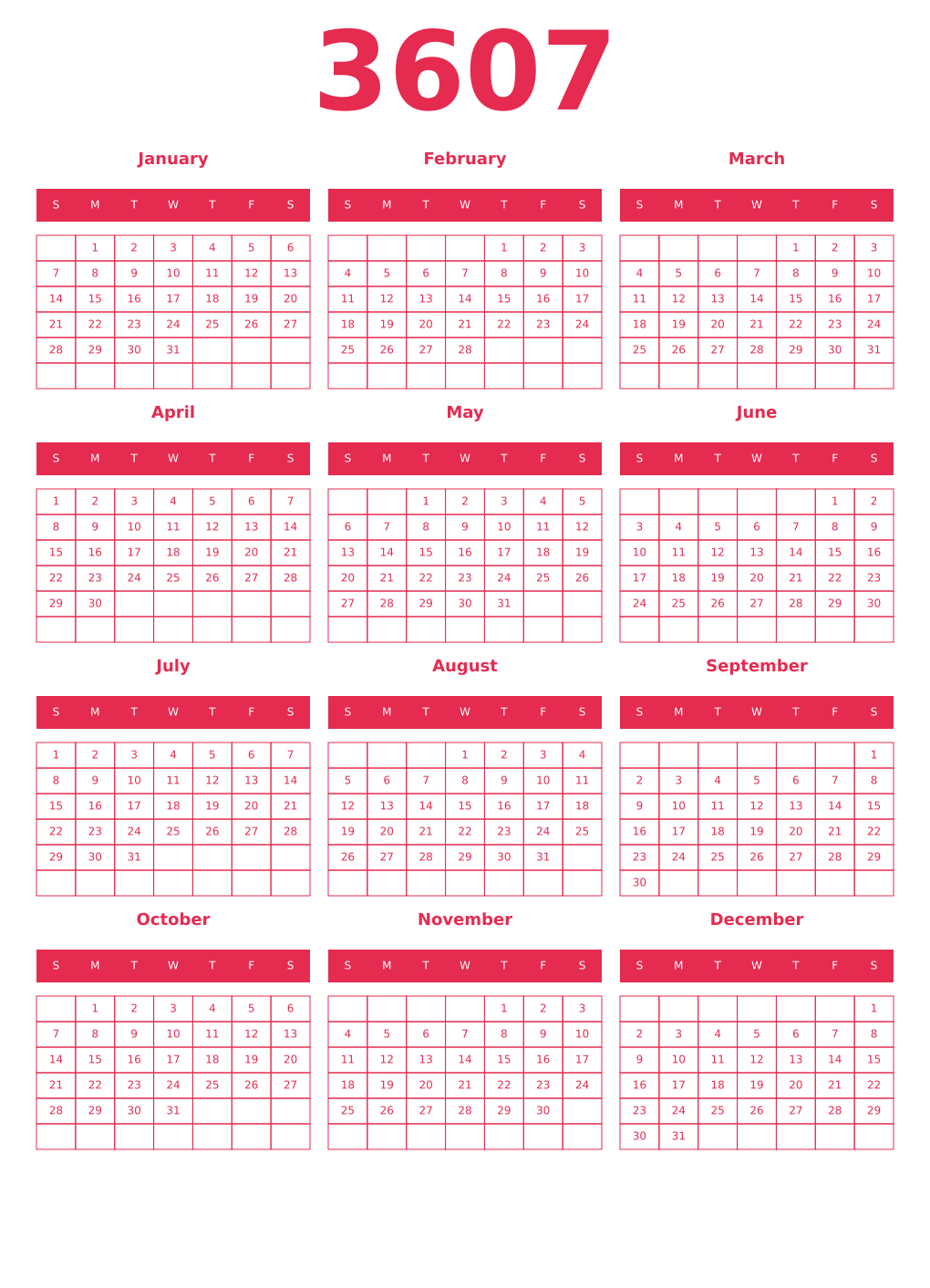 Printable 3607 Year Calendars amaranth