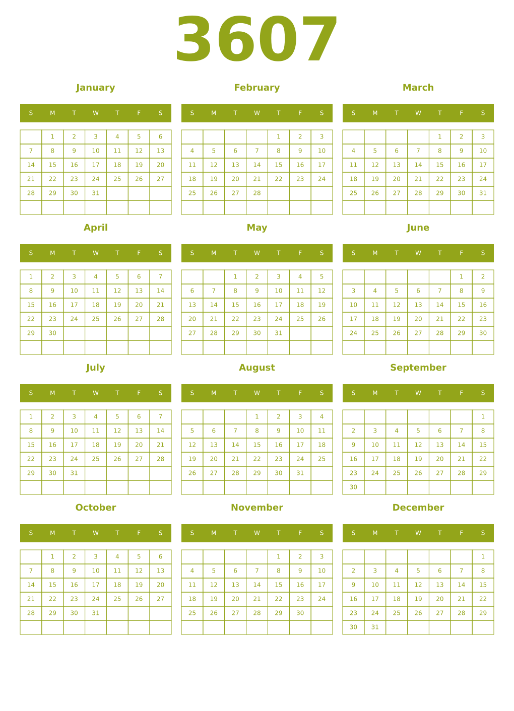 Printable 3607 Year Calendars chartreuse
