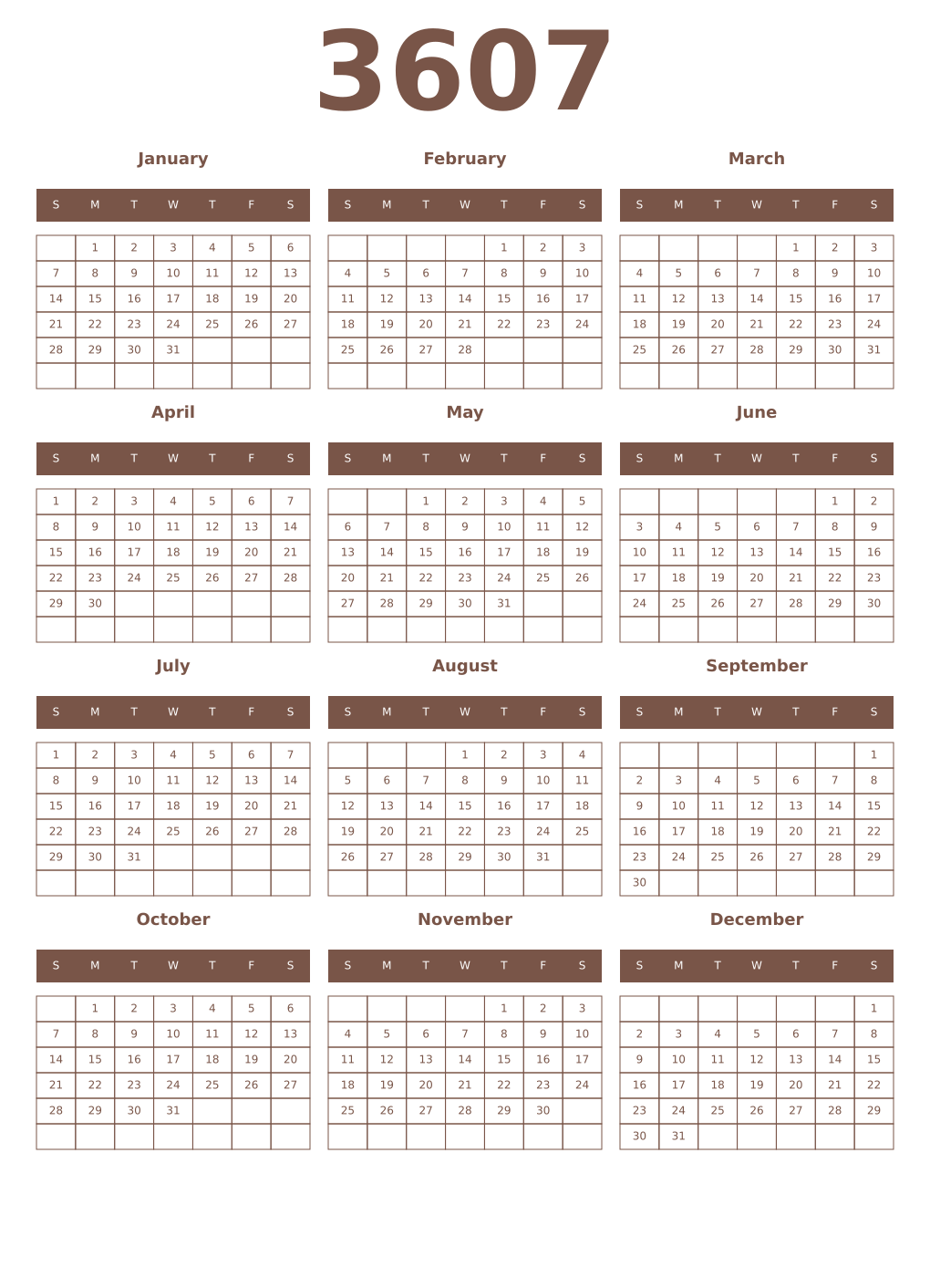 Printable 3607 Year Calendars coffe