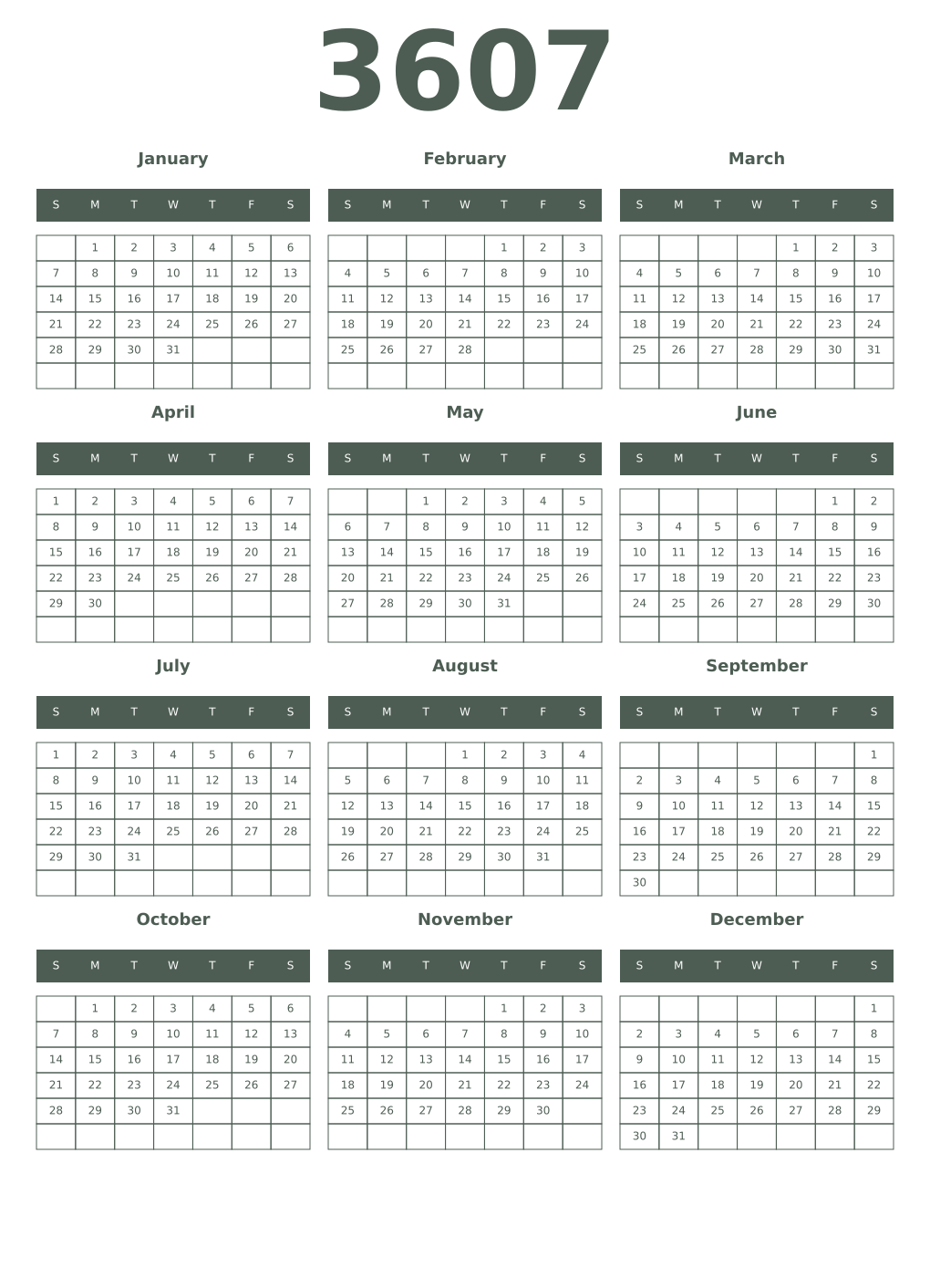 Printable 3607 Year Calendars feldgrau