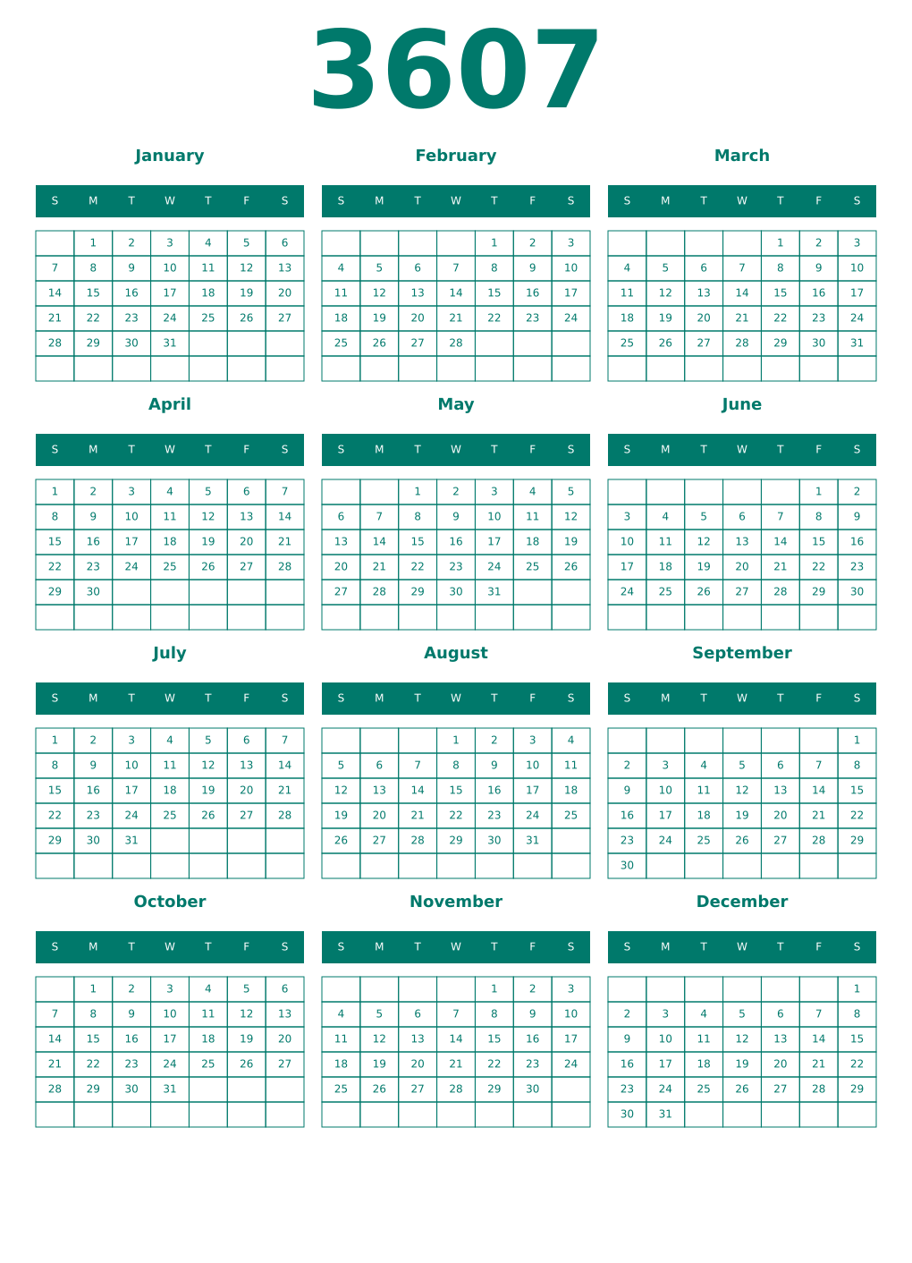 Printable 3607 Year Calendars pastel